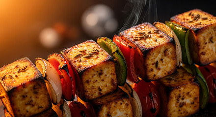 Savor delicious grilled paneer tikka skewers with bell peppers and onions, a vibrant vegetarian delight perfect for summer barbecues and healthy eating, ready to be enjoyed with family and friends