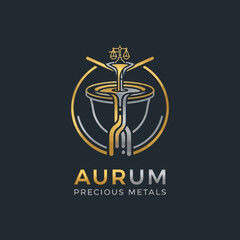 A modern logo design for Aurum Precious Metals, featuring a stylized depiction of molten gold being poured into a mold, with a balance scale at the top.