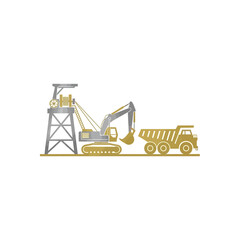 Industrial scene with mining derrick, excavator, and dump truck in metallic colors.