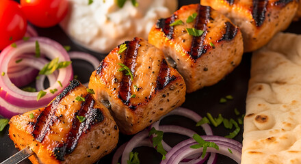 Succulent grilled salmon skewers with creamy dip, fresh tomatoes and red onions served with flatbread, perfect for healthy gourmet Mediterranean dinners or vibrant culinary blog posts
