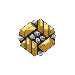 Isometric illustration of gold bars and silver rocks arranged in a geometric pattern.