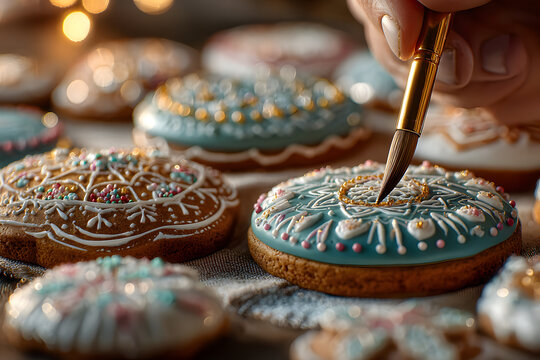 Gingerbread cookies getting decorated for Christmas
