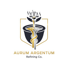 Aurum Argentum Refining Co. logo featuring a stylized crucible with molten gold and silver being poured into it, above a balance scale.