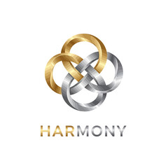 Elegant logo featuring four intertwined metallic rings, two gold and two silver, forming a symmetrical knot with the word HARMONY below.