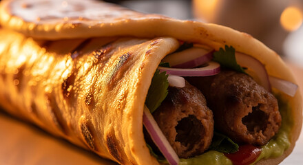 Deliciously tempting kebab wrap stuffed with fresh greens and vibrant red onions, a culinary delight perfect for street food cravings or vibrant food blog posts