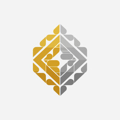 Geometric abstract logo design featuring gold and silver color scheme, symmetrical shapes.