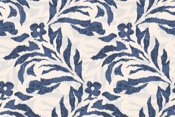 Ethnic ikat floral embroidery seamless pattern with vintage damask ornament, abstract boho folk art fabric texture design for clothing, decorative ornamental textile wallpaper background illustration.