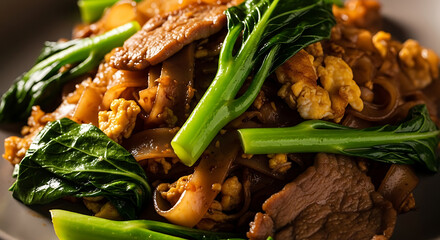 Delicious Pad See Ew with Beef, Noodles, and Chinese Broccoli for Asian Cuisine Lovers, Tempting Meal Photography for Restaurant Menus and Food Blogs, Satisfying Comfort Food
