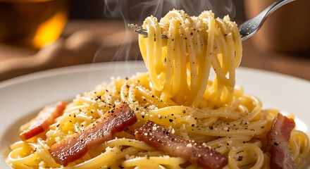Savor the Flavor of Authentic Carbonara Pasta with Crispy Bacon and Rich Cream Sauce, a Delicious Italian Culinary Experience to Ignite Your Appetite and Inspire Mouthwatering Food Photography