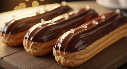 Indulge in these decadent chocolate eclairs, adorned with sparkling sugar crystals, perfect for showcasing exquisite pastries and tempting dessert options in your culinary projects