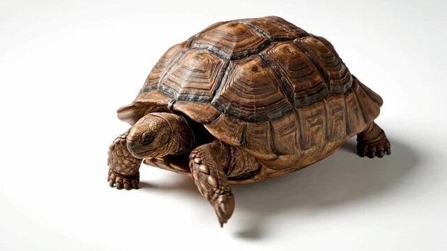 A hyper-realistic video of a tortoise walking slowly on a clean white background. Textured shell and wrinkled skin in cinematic realism.