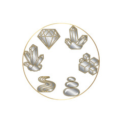 Set of silver and gold icons including a diamond, crystals, and stacked stones within a golden ring.