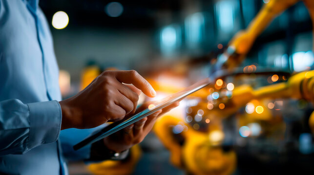 Faceless robotics engineer manager using tablet defocused intelligent factory background checking automation robot arms machine virtual interface screen overlay Industry 4.0