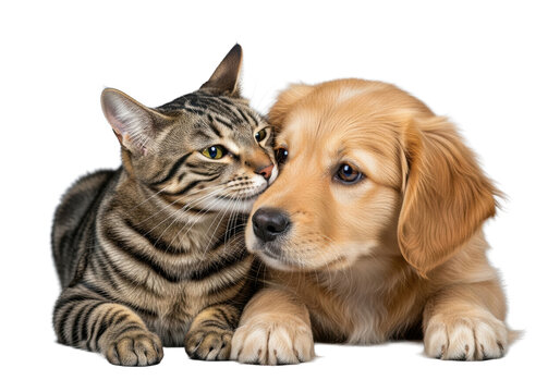 A photorealistic macro close-up of a majestic tabby cat and a gentle golden retriever mix dog nuzzling in a high-key studio with a transparent background, intimate animal companionship concept - Powered by Adobe