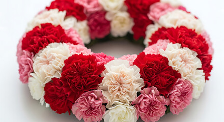 A floral wreath made of red pink and white carnations arranged in a circular pattern on white backdrop ai generated