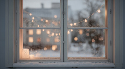 Cozy winter morning view from a frosted window, illuminated by warm candlelight. Perfect for invoking the holiday spirit and seasonal ambiance.