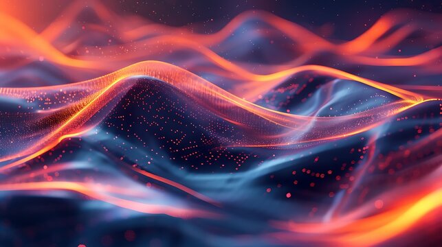 Abstract rendering of wavy lines with glowing particles in orange and blue hues
