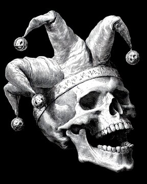 Retro Jester Skull: Vintage Joker Head Illustration in Striking Black-and-White