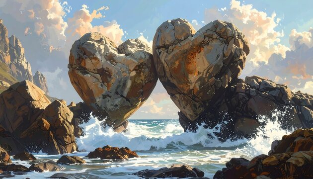 Scenic painting depicts two heart-shaped rocks joined, surrounded by ocean waves and rocky shores under a cloudy sky