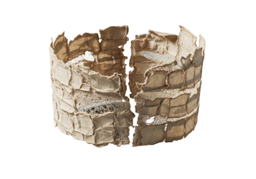 Extreme macro of crumpled, torn vintage light beige paper, revealing fibrous interior, isolated on transparent background, concept of intricate textural decay