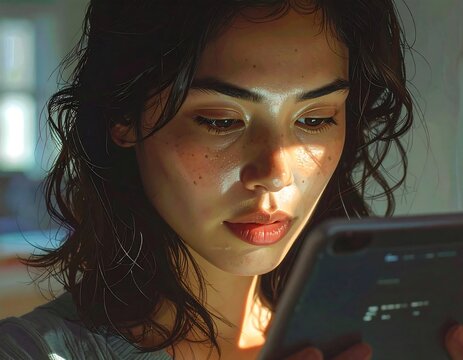 A close-up of a young woman intently gazing at a handheld electronic device, bathed in soft, natural light, indoors - Powered by Adobe