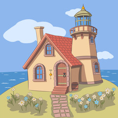 Colored vector illustration of a lighthouse against the backdrop of the sea and sky with clouds
