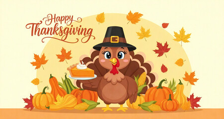 Obraz premium Animated Thanksgiving Illustration: Turkey, Pumpkin Pie, and Corn in Autumn.