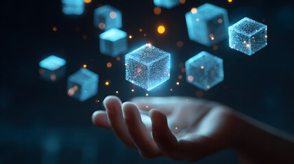 Illuminated digital cubes float above an open human palm in a dark environment