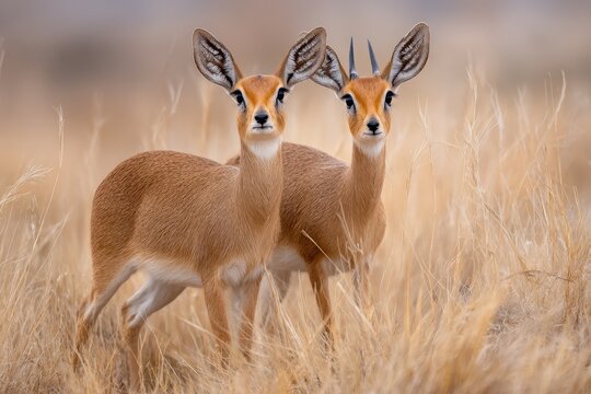Charming Couple of Steenbok on Alert in Parched African Grassland