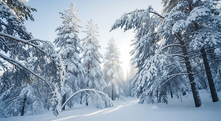 A snowy forest landscape with tall evergreen trees covered in snow on a bright sunny winter day ai generated