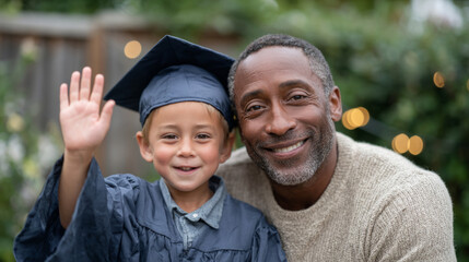 Father and son celebrating graduation with high five in matching caps