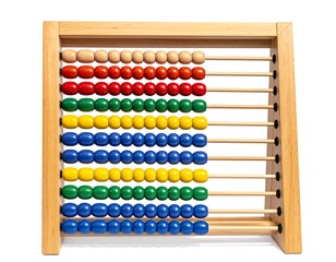 A close-up view of a wooden abacus with multiple rows of colorful beads arranged on horizontal rods against a white backdrop