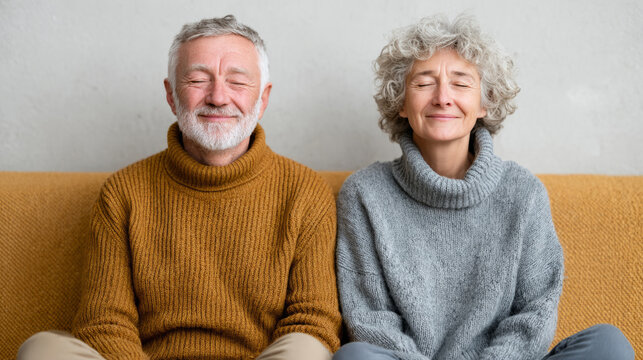 Elderly couple meditating with cat on couch for relaxation and wellness