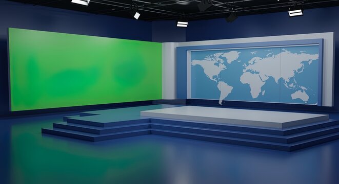 Virtual TV Studio News Set Background with Green Screen virtual set world map stage studio lighting broadcast television presentation