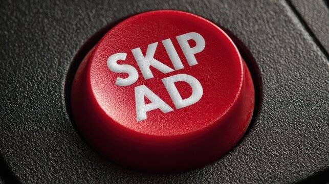 Close-Up of Red Skip Ad Button on Keyboard: A Blockage Solution for Irrelevant Advertisements