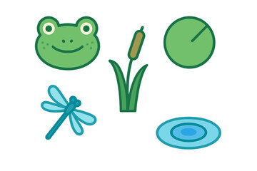 Fototapeta premium Stylized set of pond life elements including a happy frog face, blue dragonfly, green cattail, and lily pad