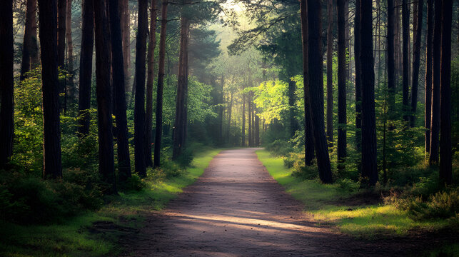 A serene path winds through a dense forest with sunlight casting beams through the tall trees and green undergrowth.