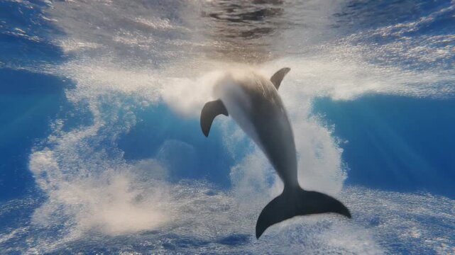 Dolphins are swimming and spinning in sea water