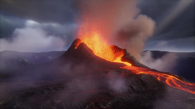 a volcano that erupts and spews lava and hot clouds