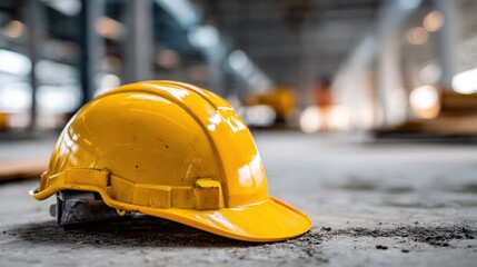 Yellow hard hat on the construction site floor with blurred background