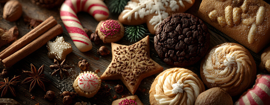Christmas baking corner border with cookies, peppermints and spices. Overhead view on a white marble background with copy space. Holiday baking concept.
