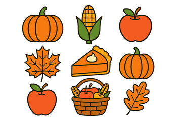 Traditional fall season symbols and food items including pumpkin corn and pie