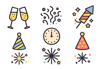Fototapeta premium New Year's Eve celebration icons set featuring champagne glasses, countdown clock, and party accessories