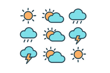 Obraz premium Collection of nine colorful weather forecast icons showing sun, clouds, rain, and lightning