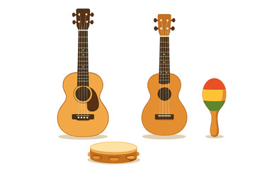 Naklejka premium Collection of acoustic guitar ukulele tambourine and maraca musical instruments on white background