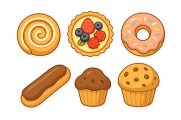 Collection of six assorted sweet pastries and baked goods set featuring donut tart and muffins