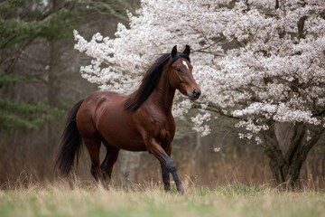 Fototapeta premium Vigilant Tennessee Walking Horse Amidst Blossoming Flowers in a Dynamic Spring Scene
