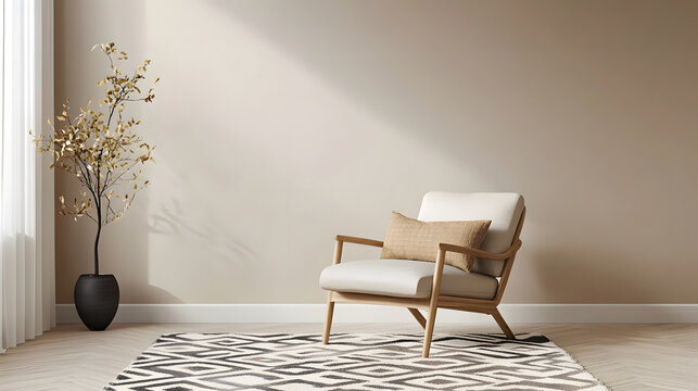 A modern living room interior with a comfortable armchair, neutral color scheme, and a decorative plant creating a serene atmosphere.