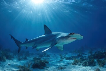 Fototapeta premium Majestic Great Hammerhead Swimming Gracefully in the Vibrant Caribbean Sea
