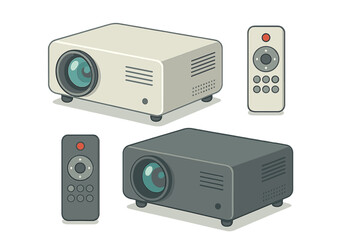 Set of two modern video projectors and remote controls in different colors for presentation and home cinema